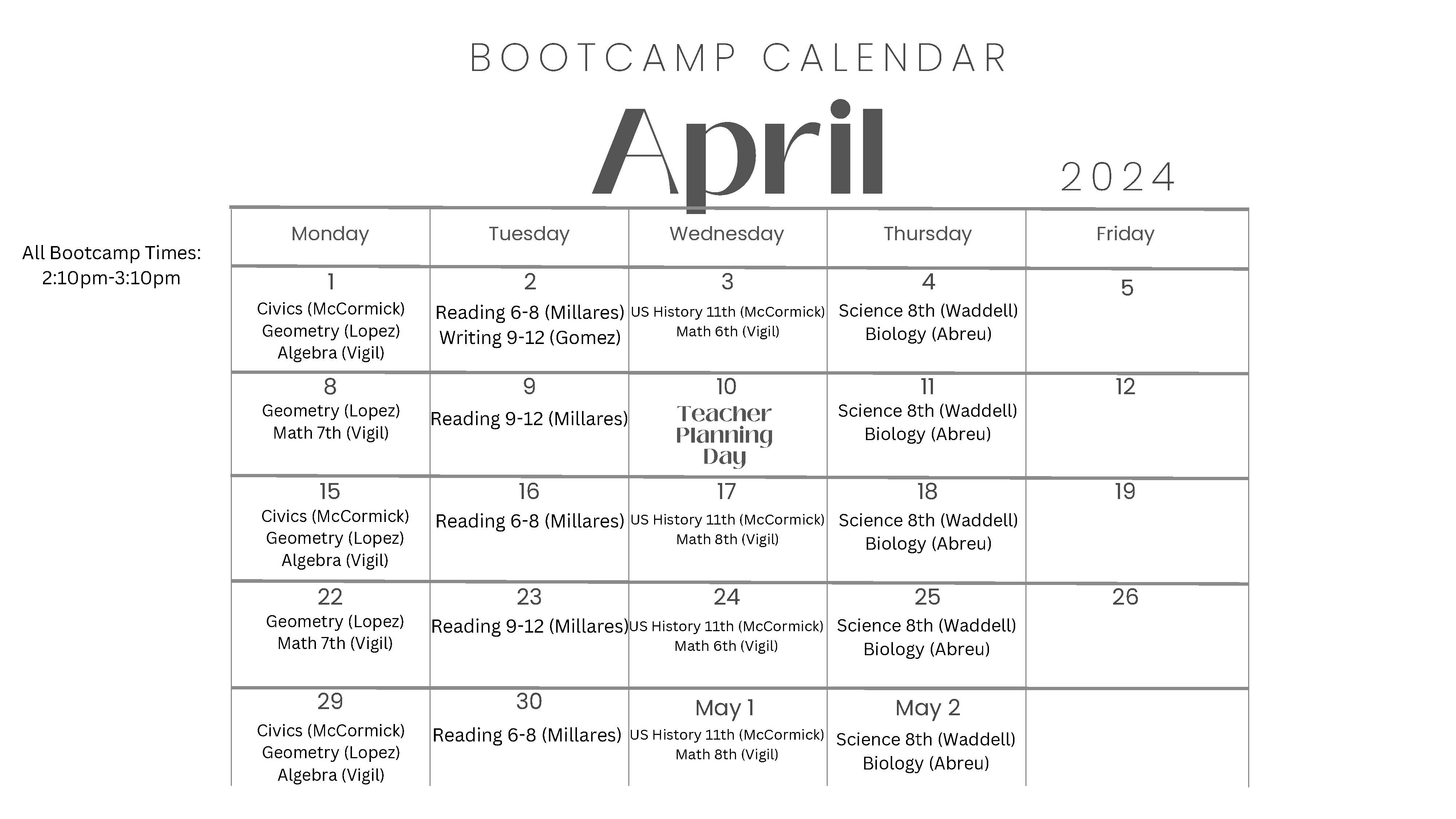 Boot Camp Calendar 2